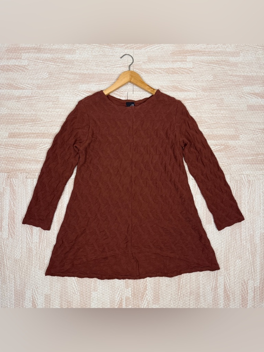 Lisa Bayne Textured Swing Tunic Top Size Small Rust Brown A-Line 3/4 Sleeve